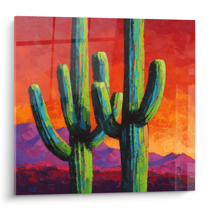 Tableau Cactus Saguaro Multicolore sur Coucher de Soleil Rouge - Désert Éclatant - Edition Cubisme
