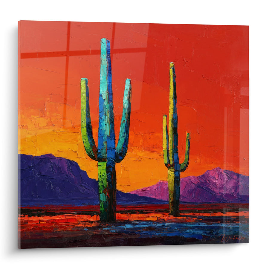 Tableau Cactus Saguaro Coucher de Soleil Orange et Bleu Turquoise Montagnes Violettes - Désert Flamboyant - Edition Cubisme