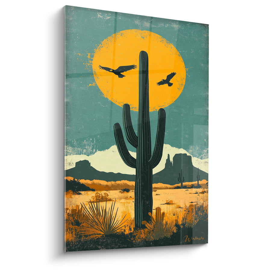 Tableau Cactus Saguaro Soleil Orange et Oiseaux Silhouettés Paysage Désertique - Sonora - Edition Cubisme