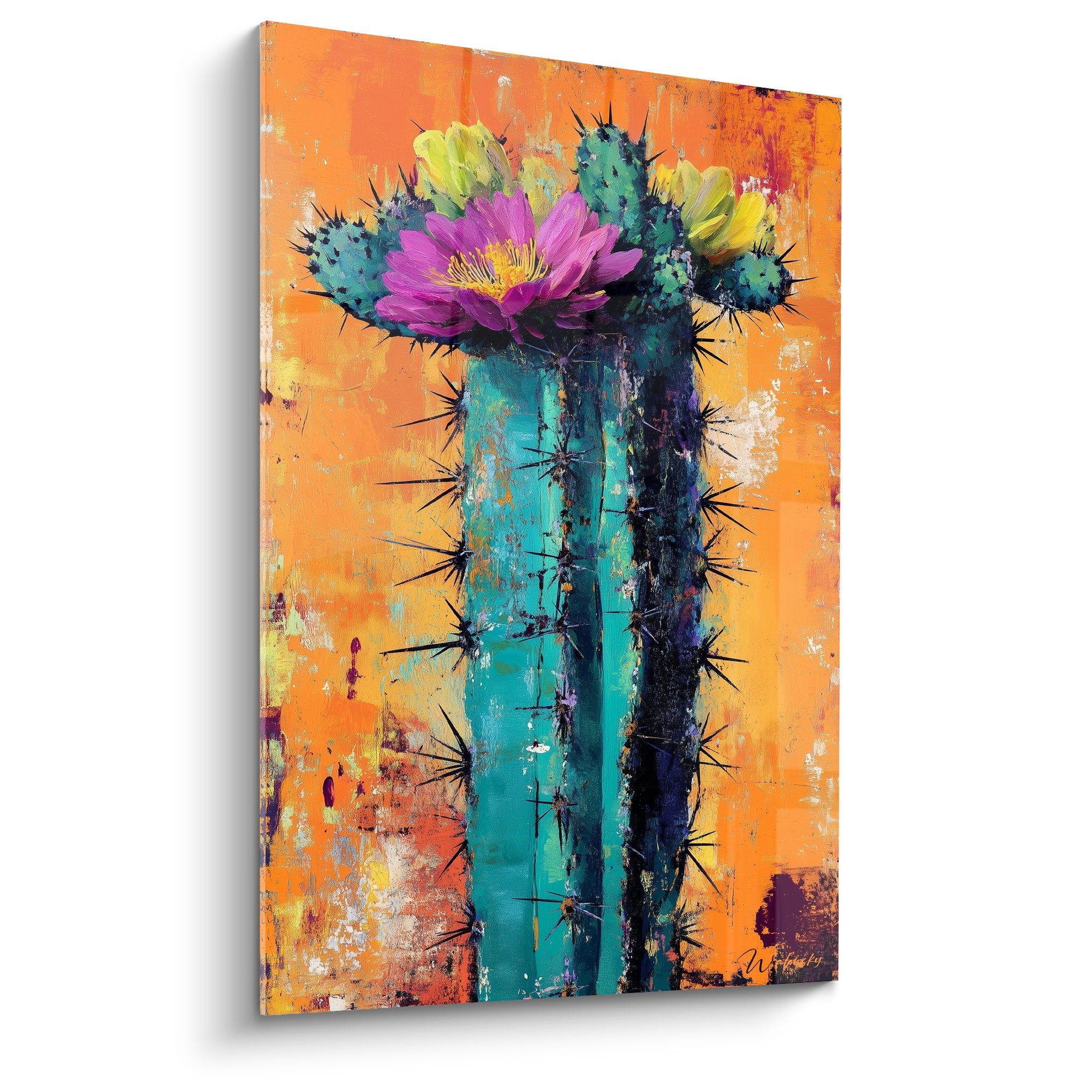 Tableau moderne cactus turquoise fleur violette fond orange style cubisme decoration murale coloree