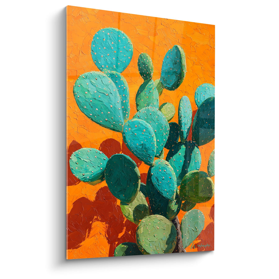 Turquoise Cactus Painting on Bright Orange Background - Radiant Oasis - Cactus Edition