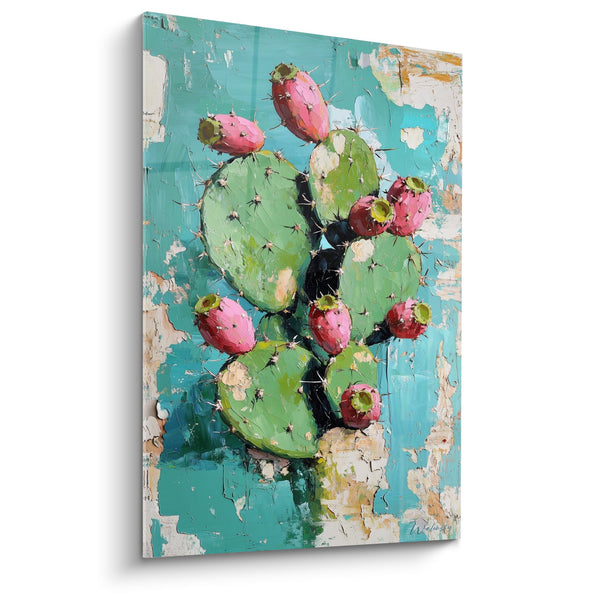 Cactus Groen Schilderij met Roze Fruit en Turquoise Textuur Achtergrond - Mediterrane Gloed - Cubisme Editie