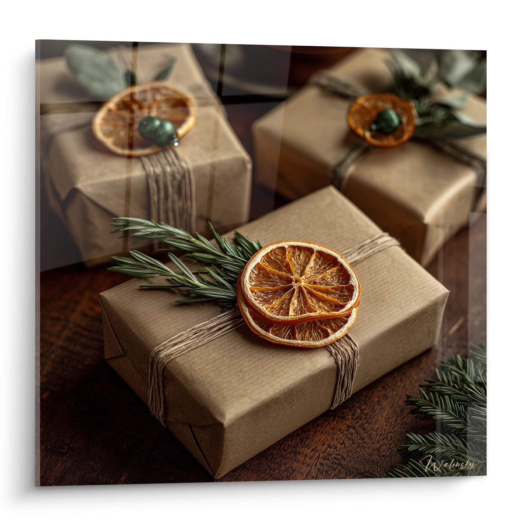 Tableau mural représentant des paquets cadeaux décorés, idéal comme tableau cadeau Noël.