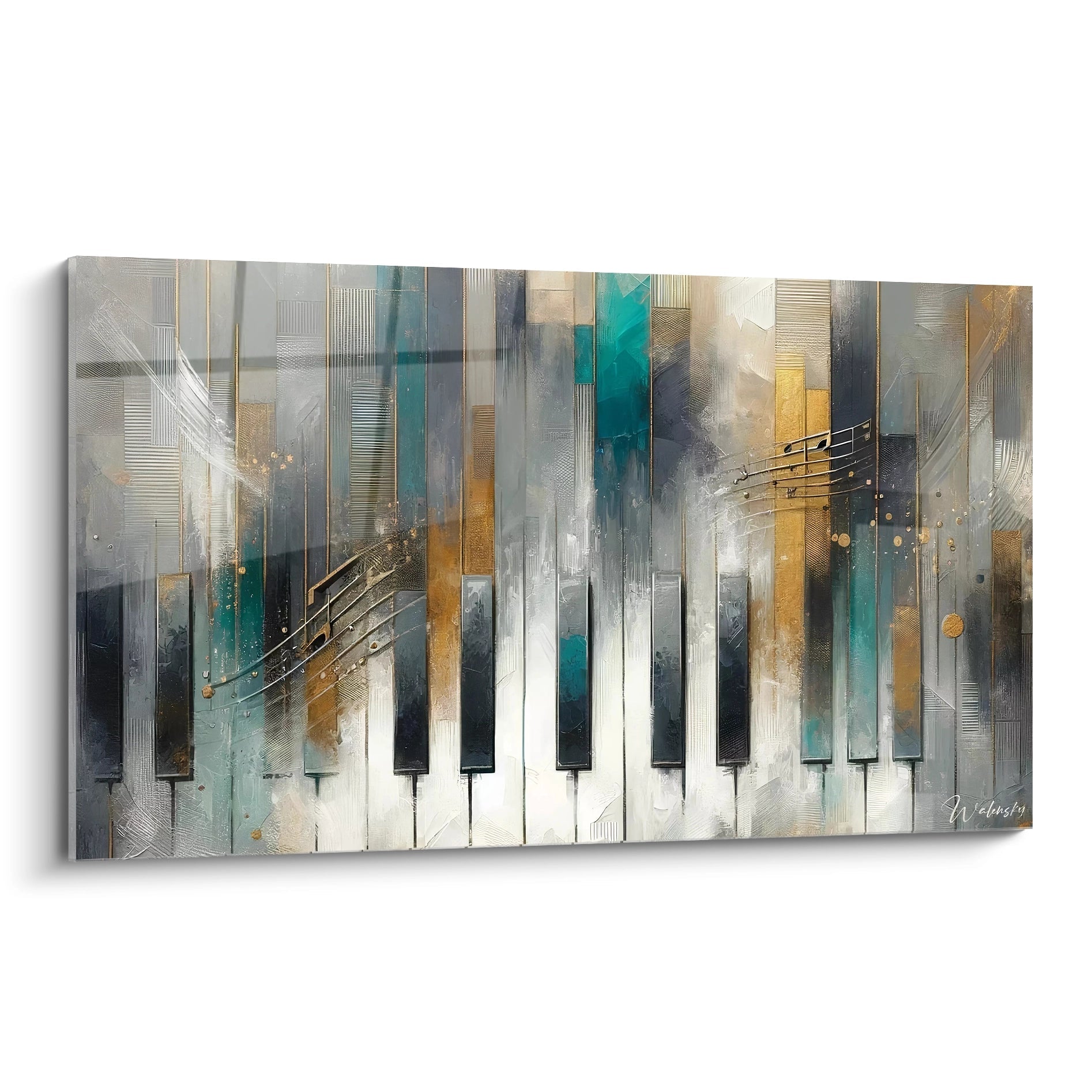Un tableau abstrait de touches de piano stylisées en noir et blanc, traversées par des bandes verticales turquoise, dorées et grises. Les textures combinent surfaces lisses et reliefs texturés avec des lignes courbes dorées évoquant des portées musicales et des points métalliques en relief.
