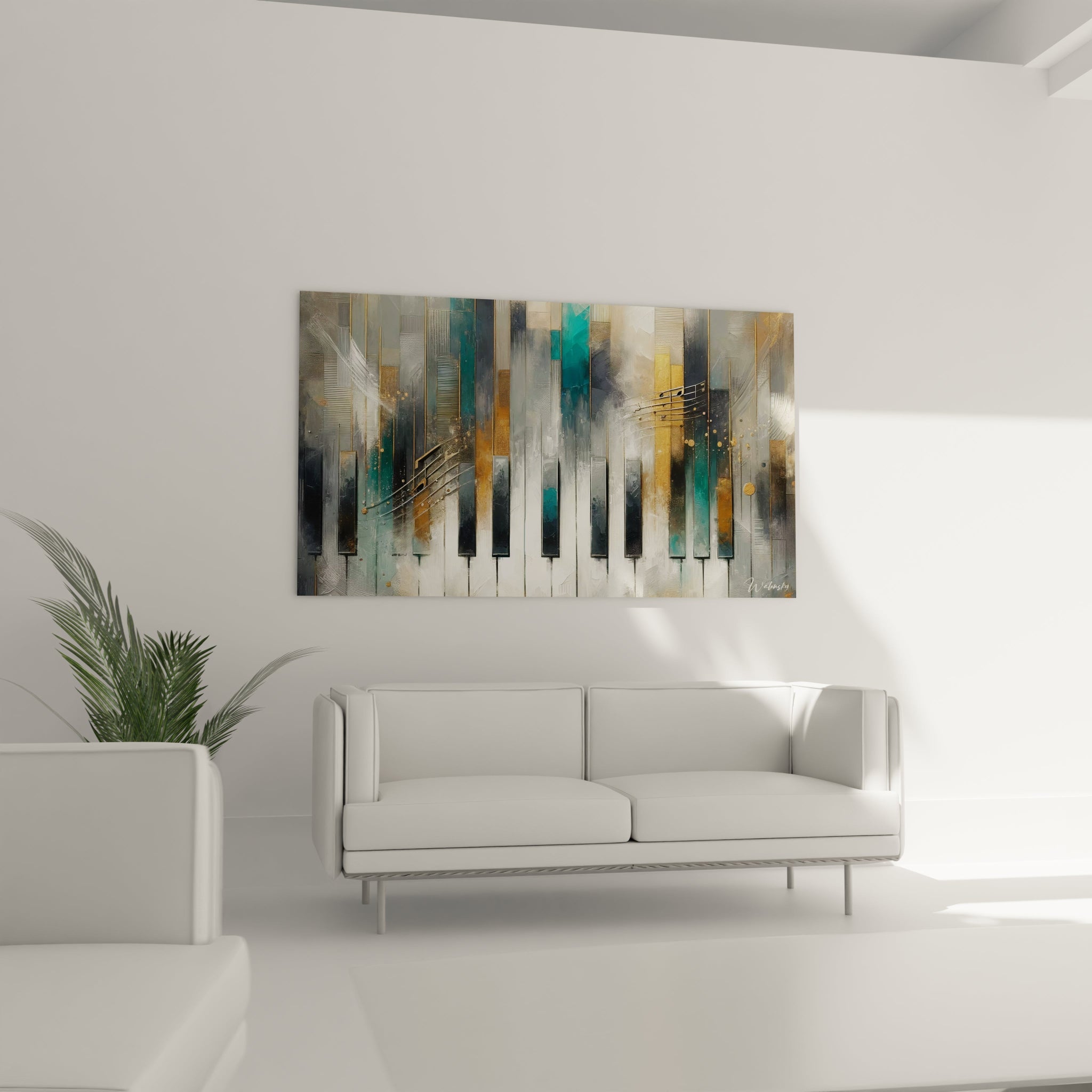 Un tableau abstrait d'un piano aux touches fragmentées par des bandes verticales colorées. Dominé par des teintes noir, blanc, turquoise et or. La texture mêle aplats géométriques, effets de brillance métallique, stries en relief et lignes courbes évoquant une notation musicale.

