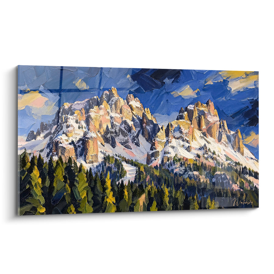Tableau Dolomites ocre et bleu aux cimes enneigées - Lever de jour alpin - Edition Cadini di Misurina Vénétie Italie