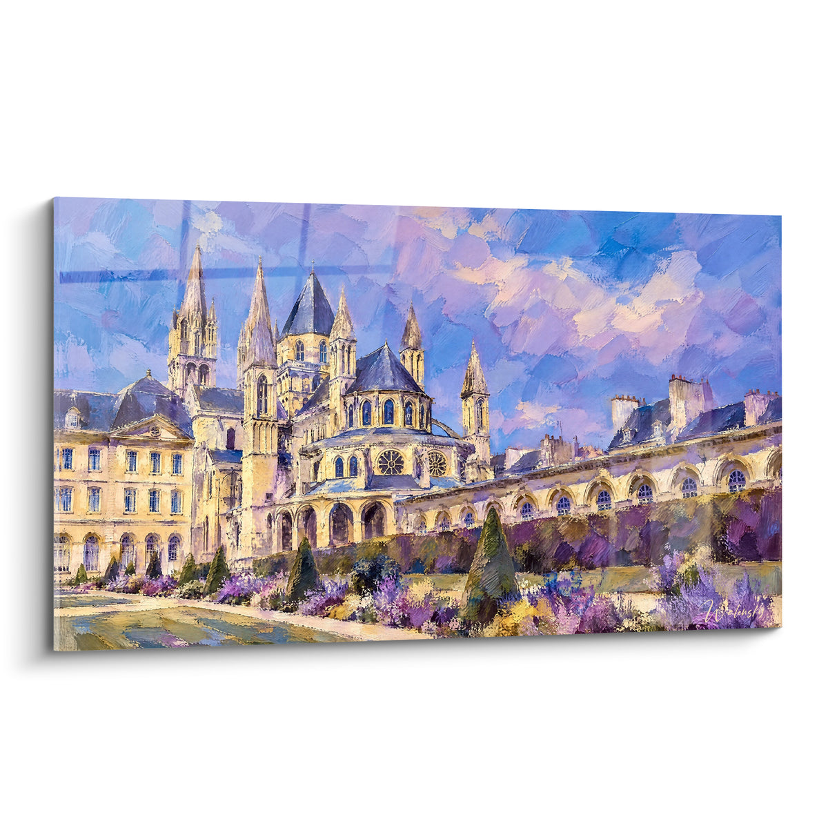Abbaye aux Hommes aux tours dorées sous un ciel bleu lavande peint en touches impressionnistes