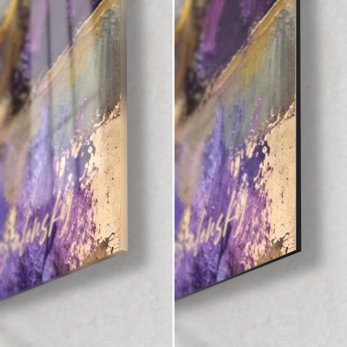 Gemälde einer Abtei mit Spachteltechnik, untere rechte Ecke: Lichtreflexe auf dem glänzenden Glas, mattes Dibond, goldocker und violett, 3 mm Kante