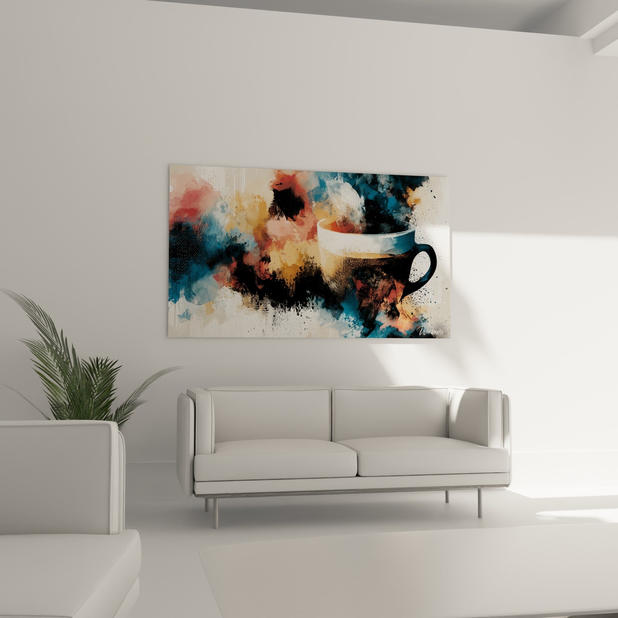 Nuage pictural bleu et doré enveloppant une tasse blanche, au-dessus d'un canapé dans un salon lumineux