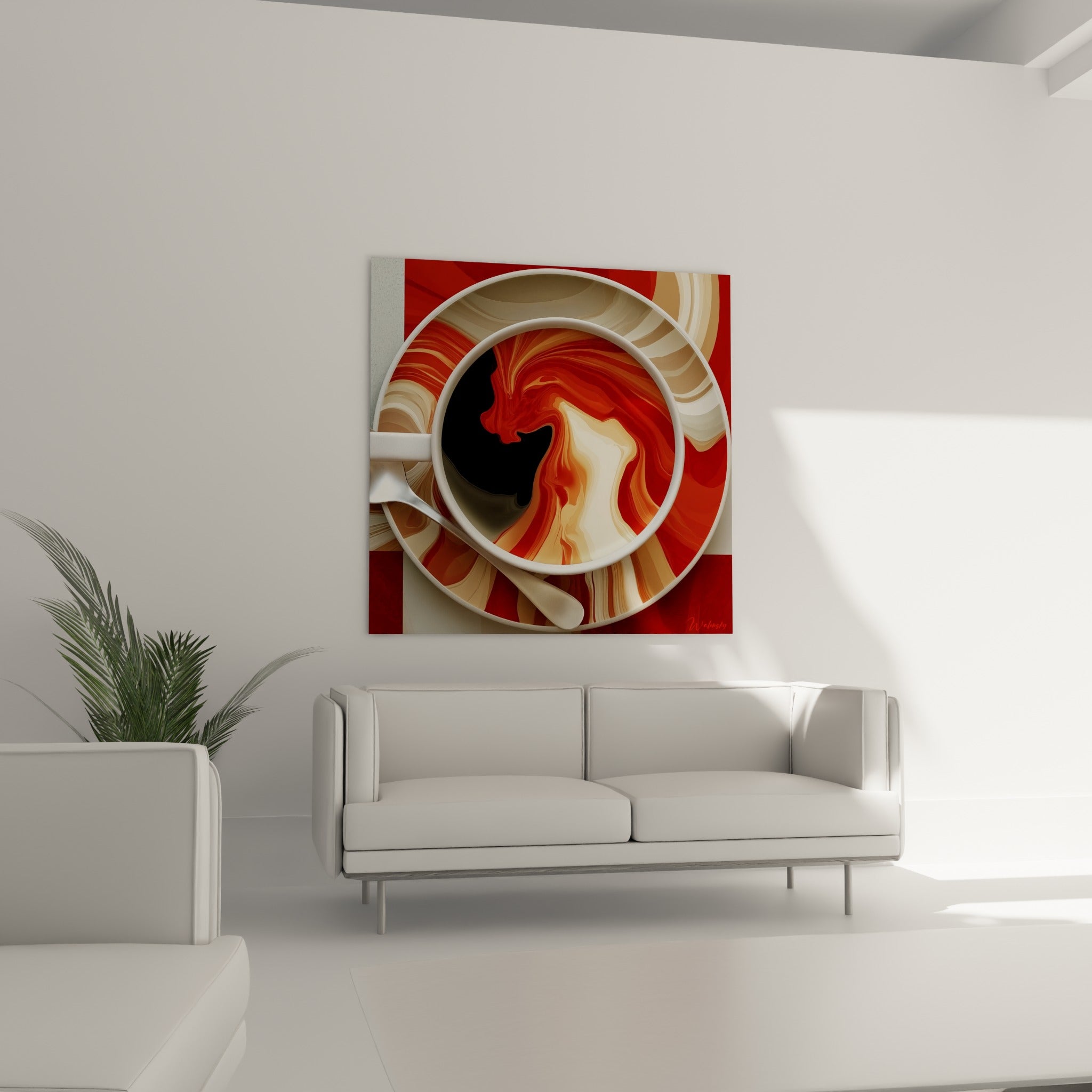 Composition abstraite rouge et beige d'une tasse de café, disposée au-dessus d'un canapé dans un salon lumineux