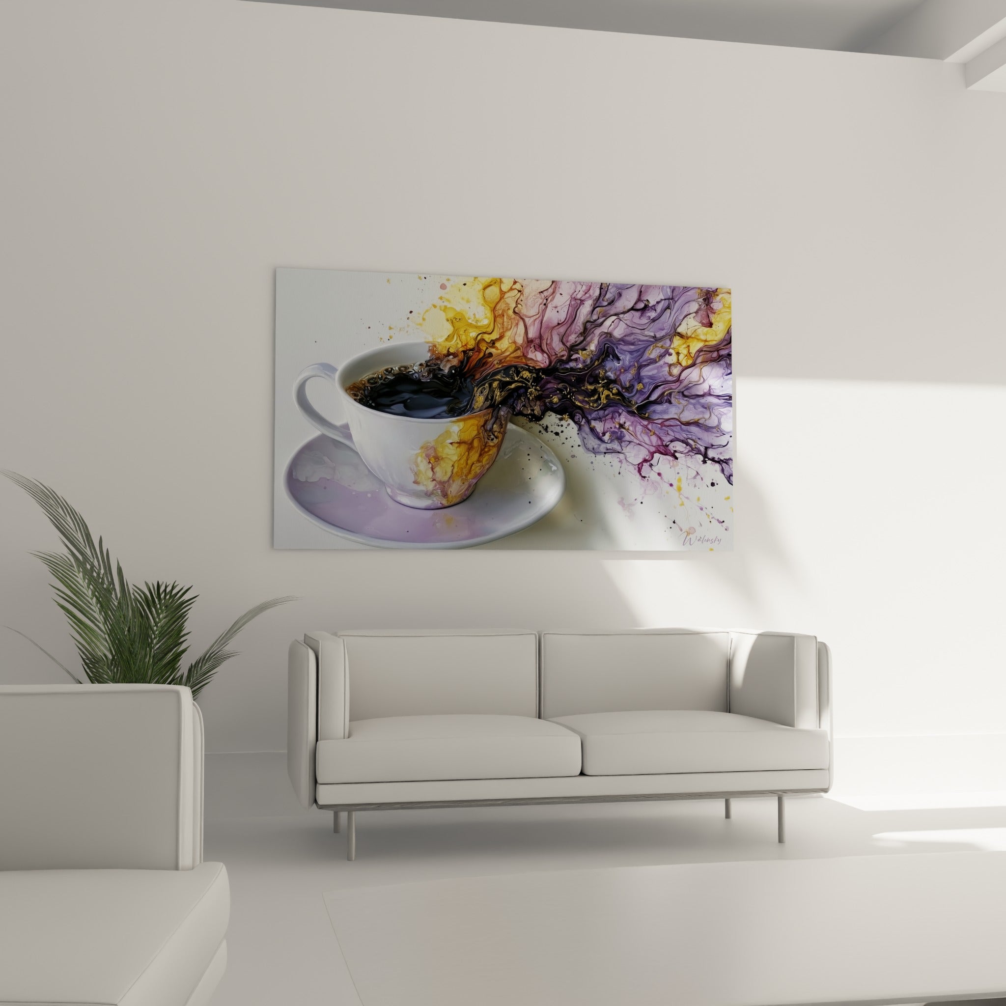 Explosion de couleurs pourpres et ambrées autour d'une tasse blanche, au-dessus d'un canapé dans un salon lumineux