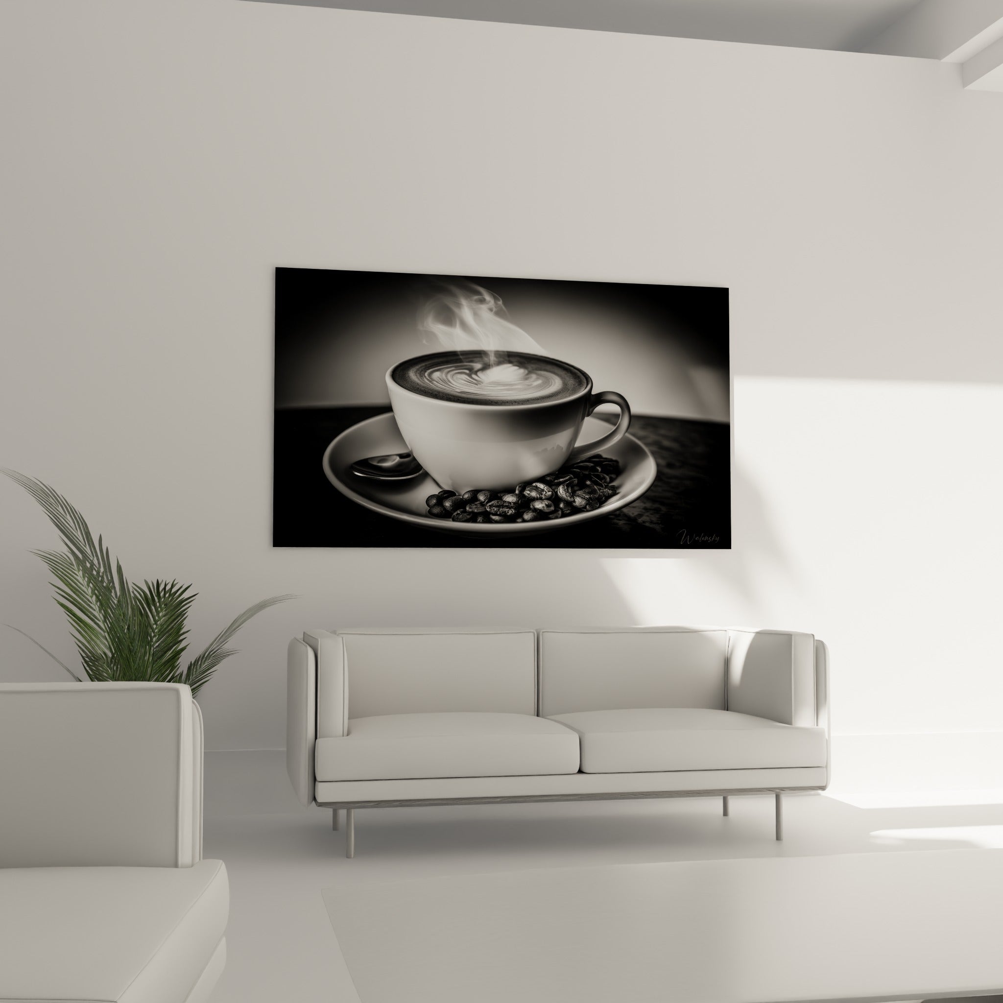 Grains de café noirs et tasse blanche disposés au-dessus d'un canapé dans un salon lumineux