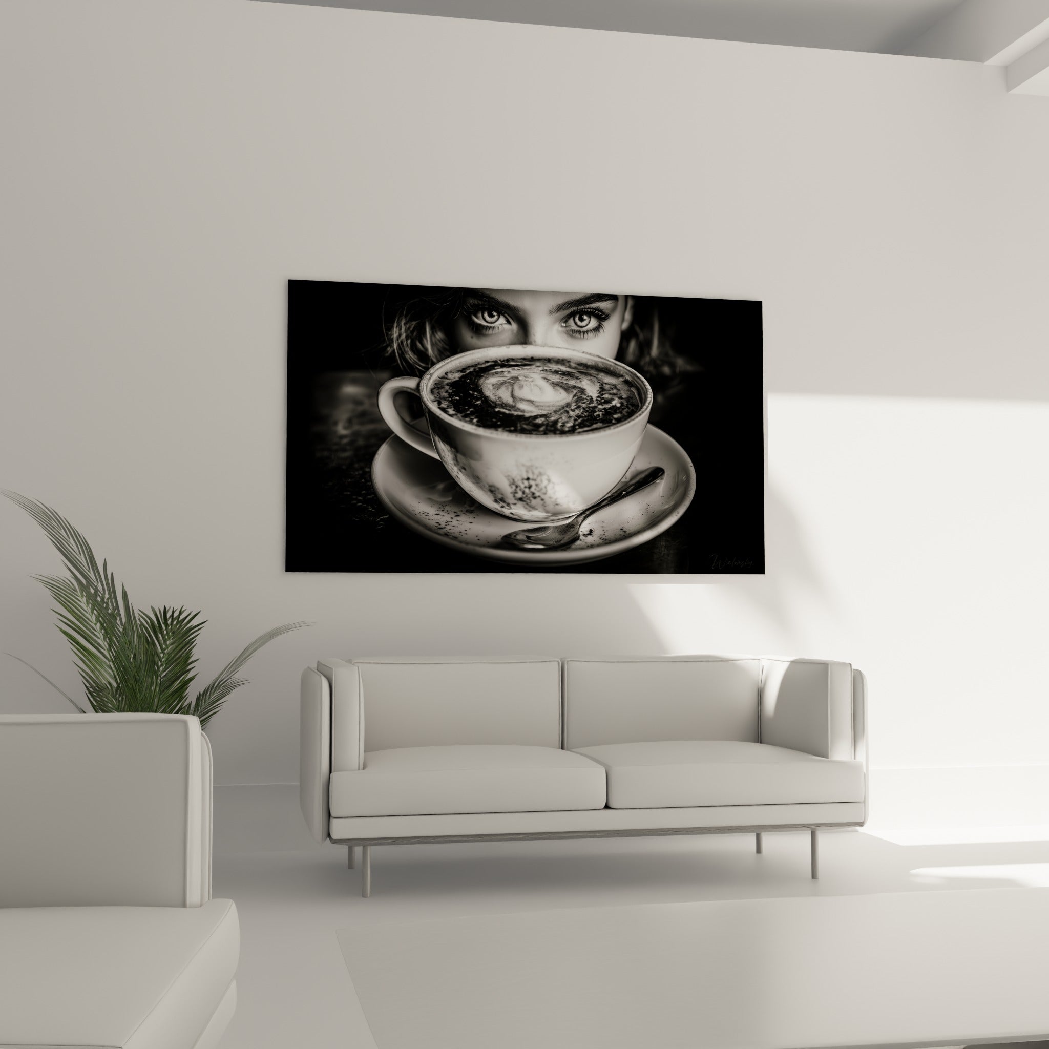 Yeux captivants surgissant d'une tasse anthracite et ivoire, au-dessus d'un canapé dans un salon lumineux