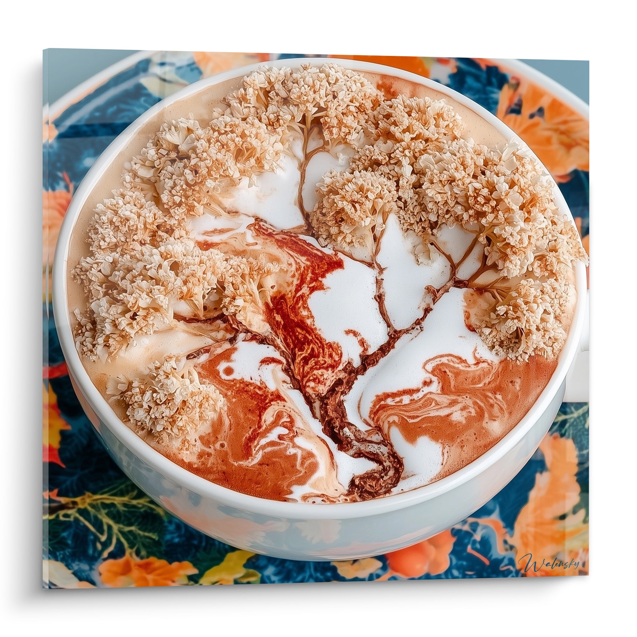 Café marbré terracotta et crème formant un arbre en mousse dans une tasse blanche