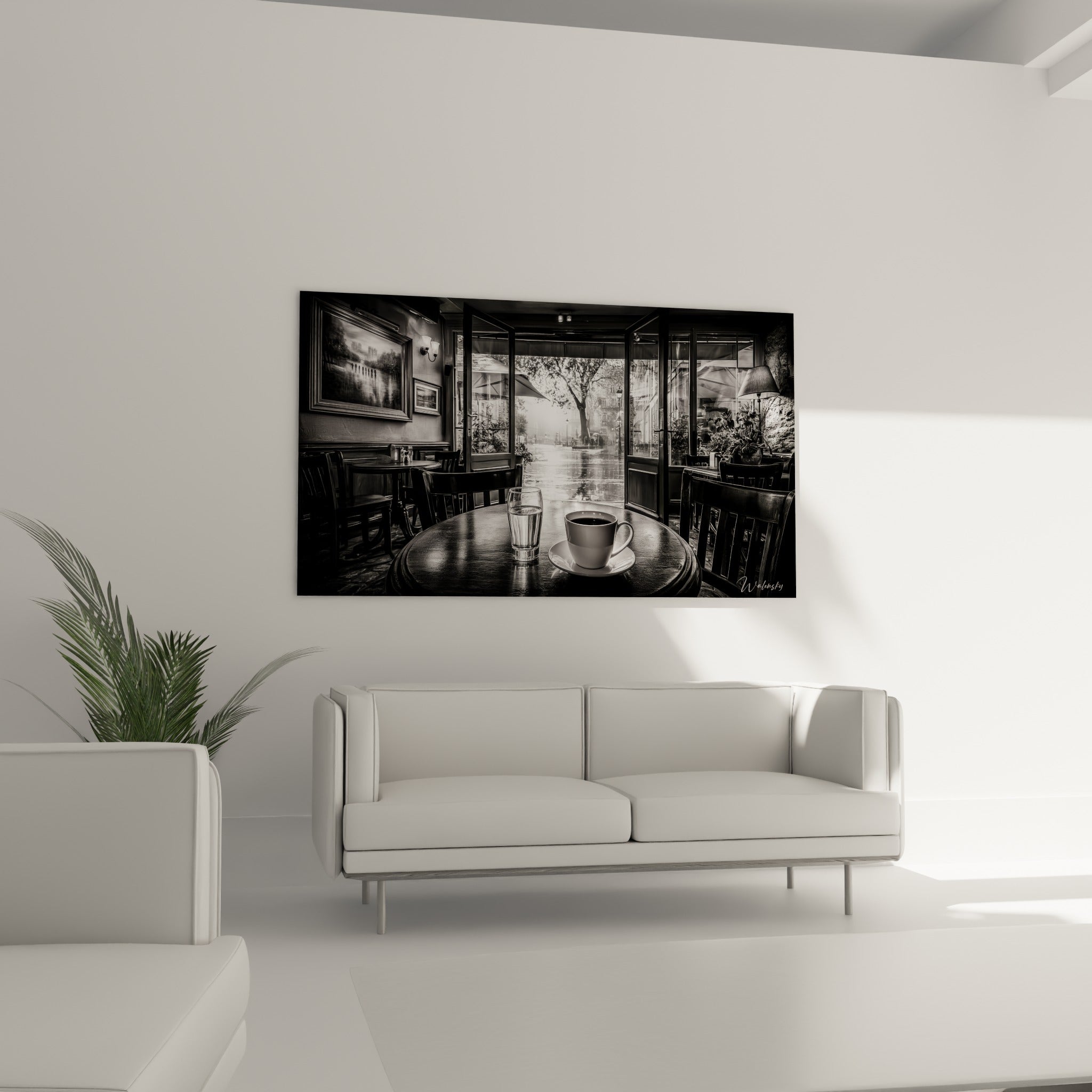 Scène de café argentée, contraste noir profond et blanc lumineux, au-dessus d'un canapé dans un salon lumineux