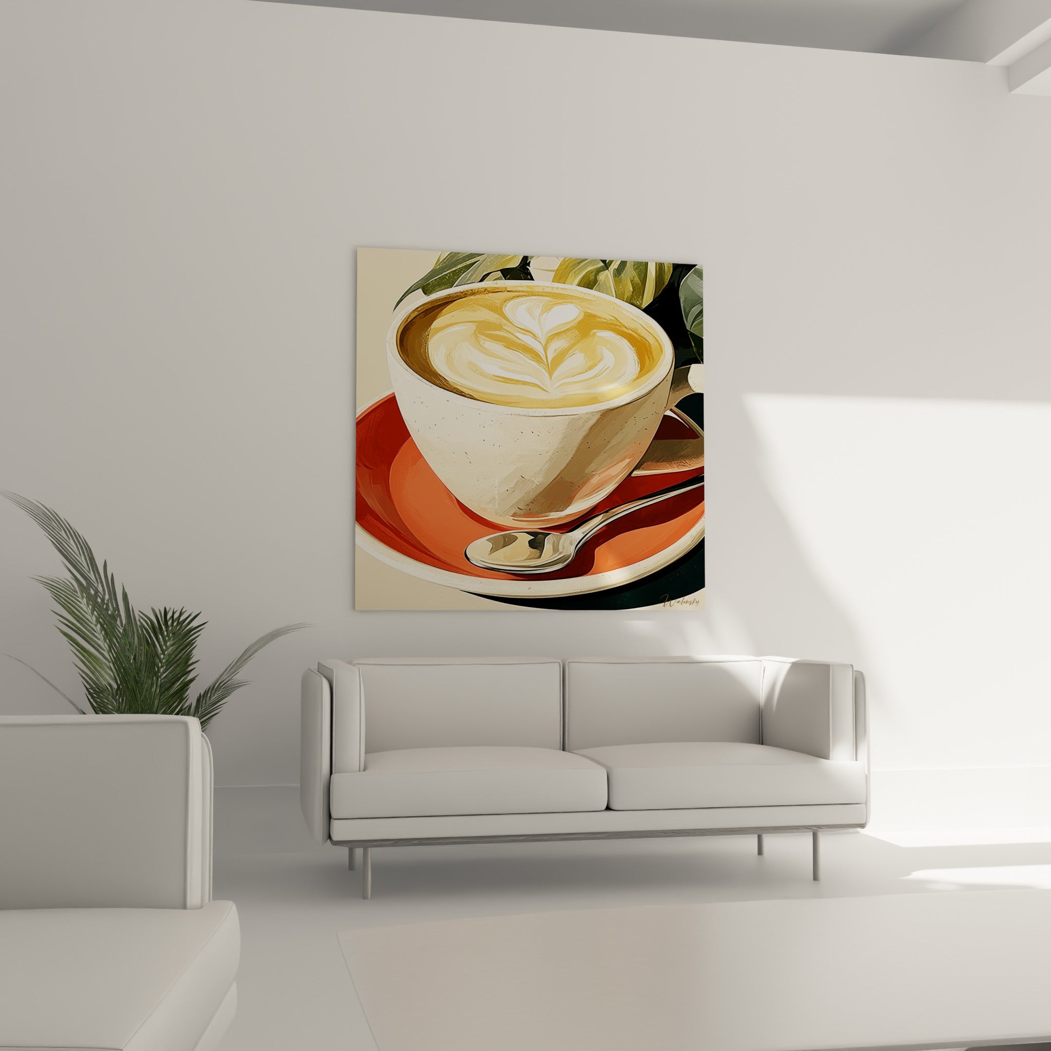 Boisson café ambrée sur assiette terracotta, au-dessus d'un canapé dans un salon lumineux