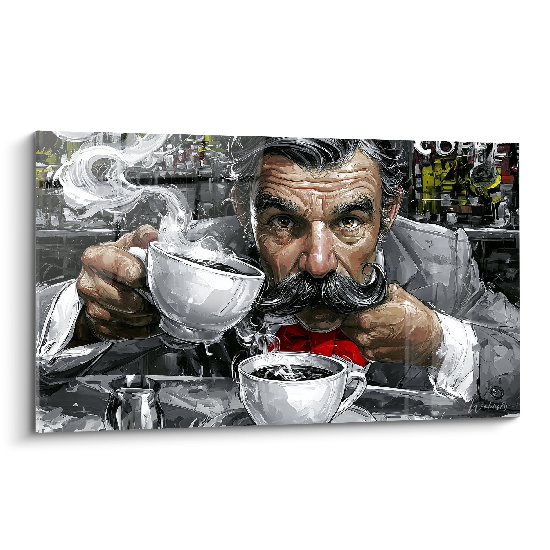 Barista moustachu en gris et blanc savourant un café, vapeur et nœud papillon rouge