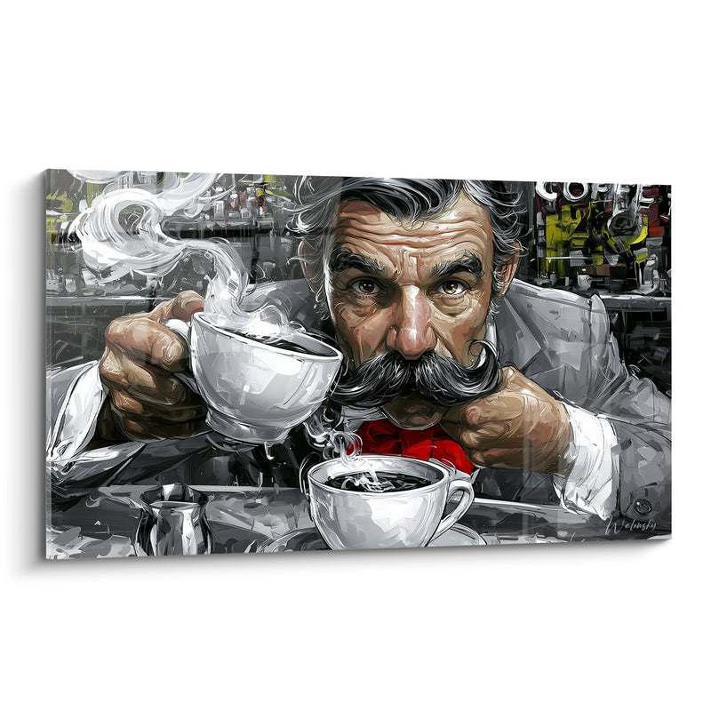 Tableau Barista moustachu gris et rouge fumant - Pause savoureuse - Edition Café
