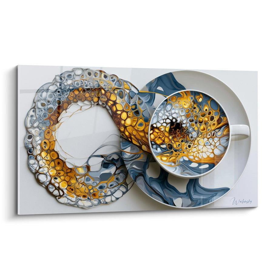 Tableau Tasse dorée et bleue à alvéoles cellulaires - Motif organique en anneau - Edition Café
