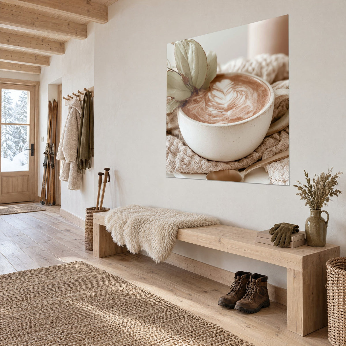 Gemälde Cappuccino-Tasse mit rosébeigem Milchschaum, ungefärbte gestrickte Wolldecke und Salbeiblätter, über einer Holzbank im Eingangsbereich
