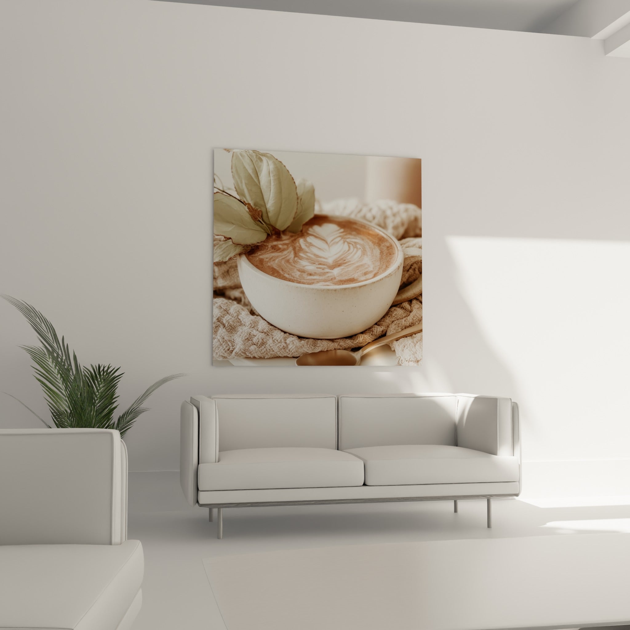 Bol de café terracotta et beige, feuilles séchées, au-dessus d'un canapé dans un salon lumineux