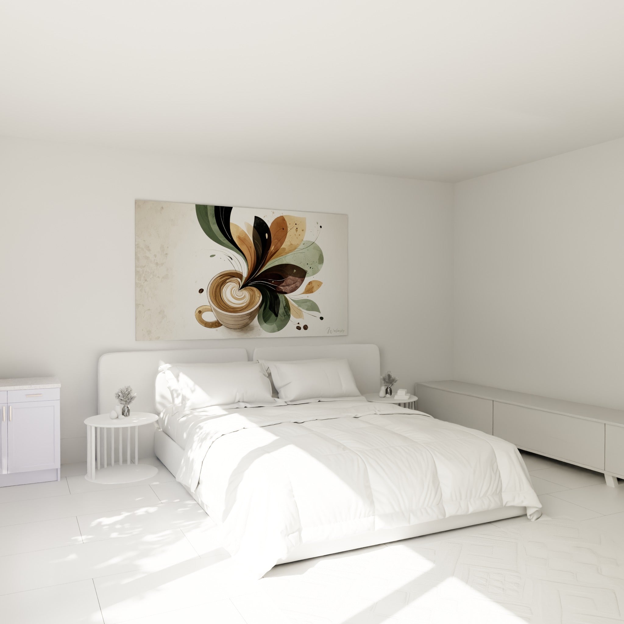 Bouquet végétal ocre et anthracite jaillissant d'une tasse de café au-dessus d'un lit dans une chambre claire