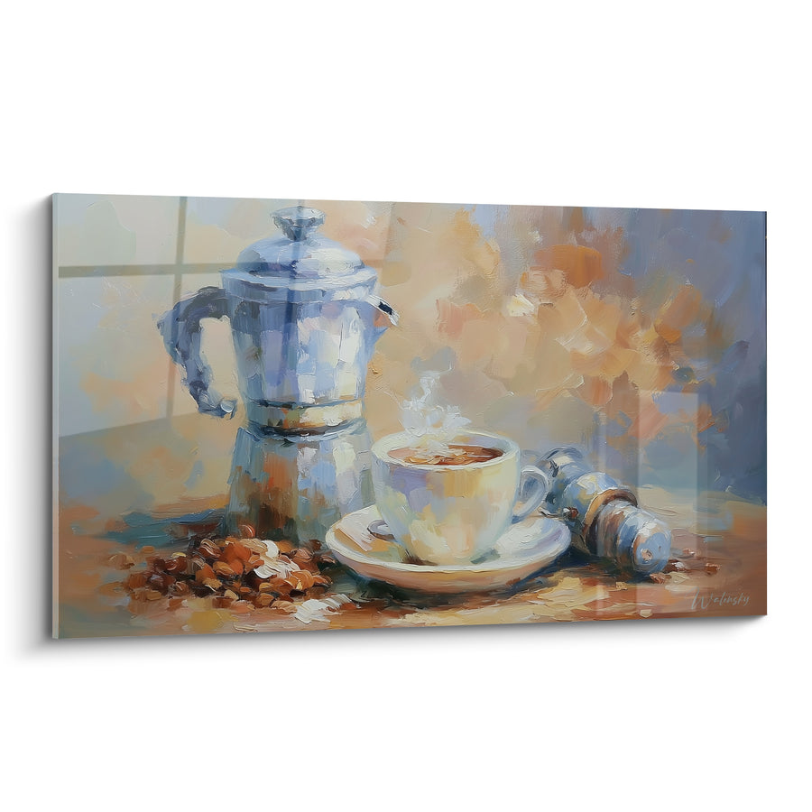 Tableau Cafetière argentée et blanche aux grains torréfiés - Moulin manuel couché - Edition Café
