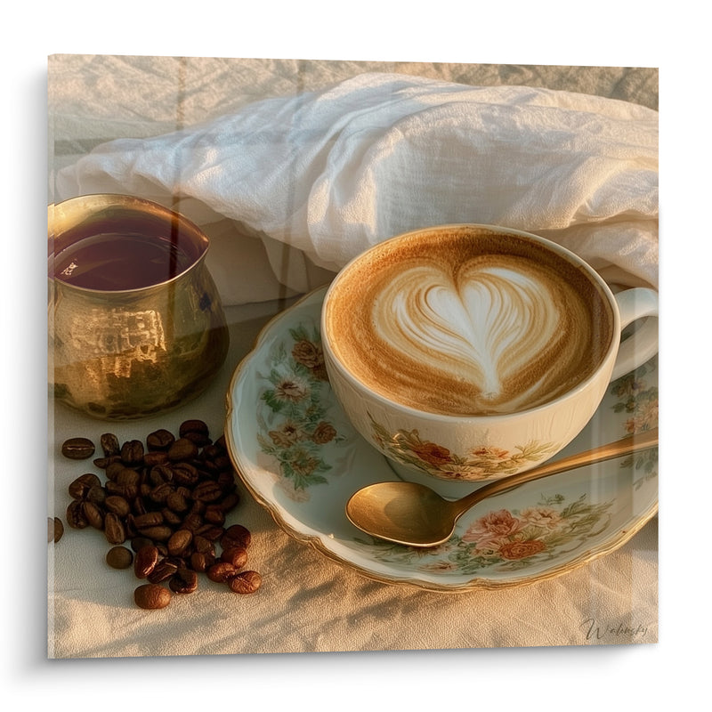 Tableau Cappuccino cœur latte tasse fleurie dorée - Douceur matinale - Edition Café