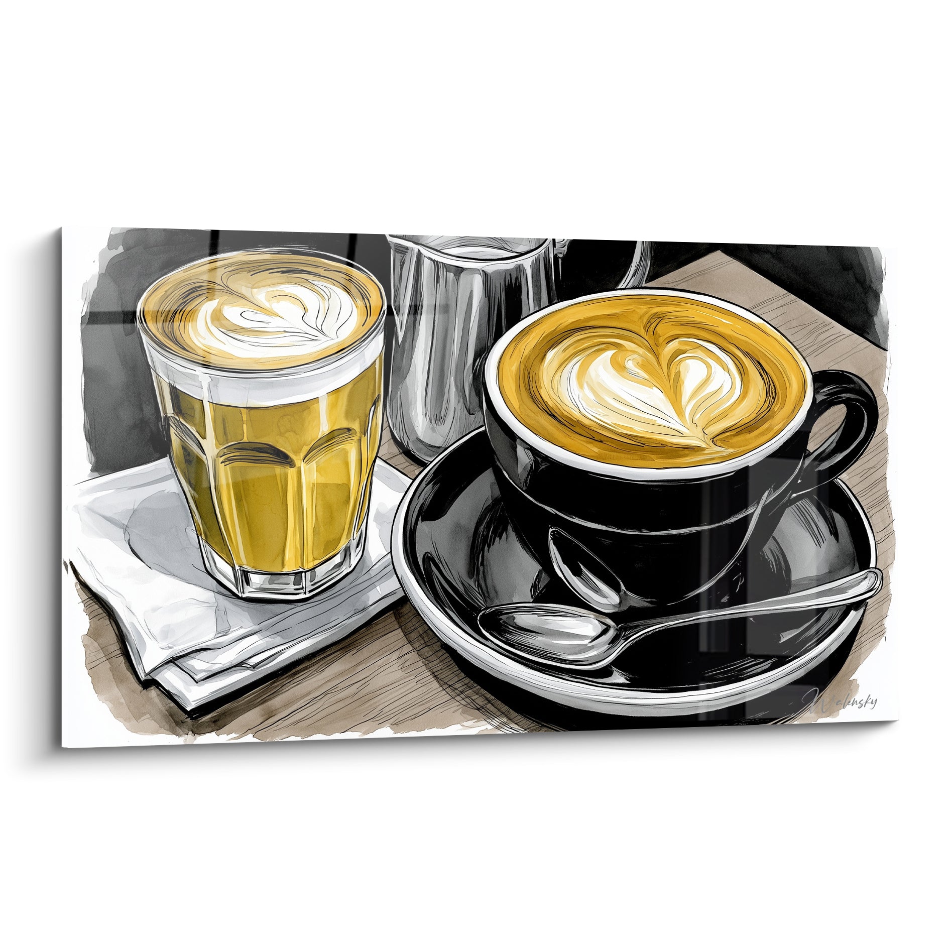 Cappuccinos noir et doré à la mousse veloutée, latte art en cœur sur table bois