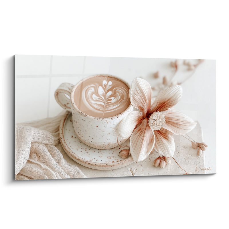 Tableau Tasse mouchetée blanche et beige à la fleur veinée - Étoffe froissée en lin - Edition Café