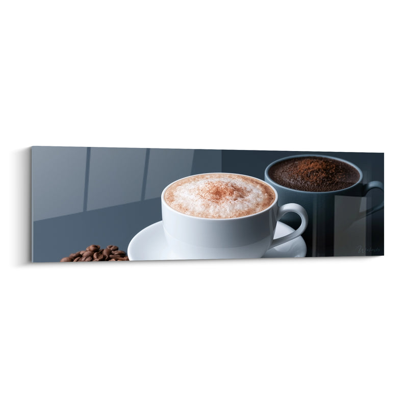 Tableau Tasse blanche et grise à la cannelle saupoudrée - Reflet sur surface vitrée - Edition Café