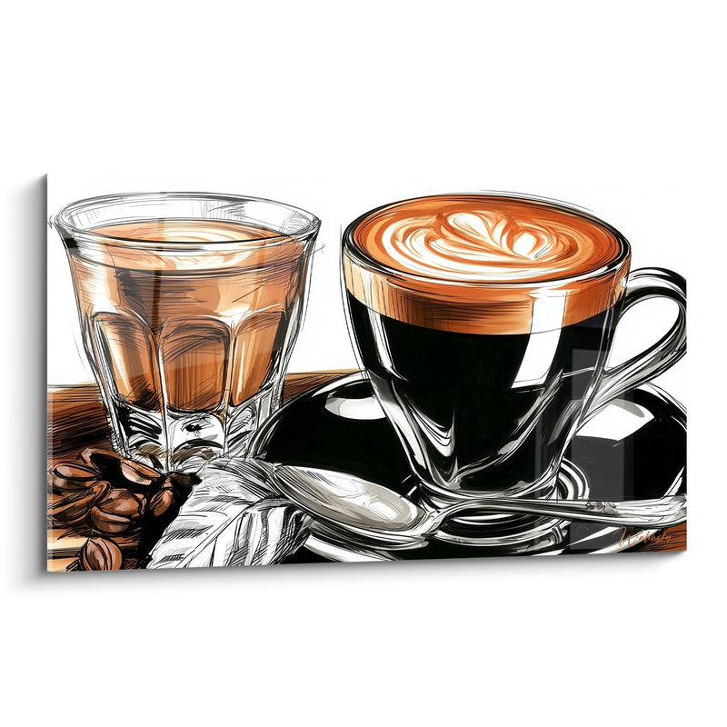 Tableau Verre transparent noir et ambré au latte art - Deux cuillères entrelacées - Edition Café