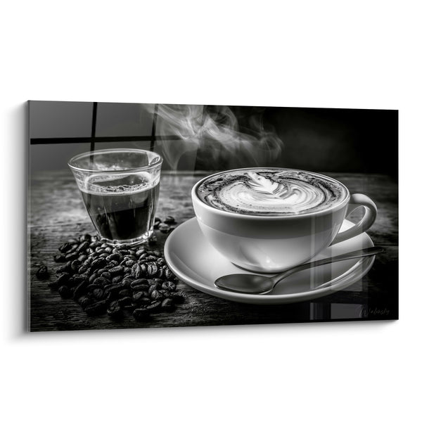 White and Black Cup with Water Glass - Scattered Grains on Table - Café Edition