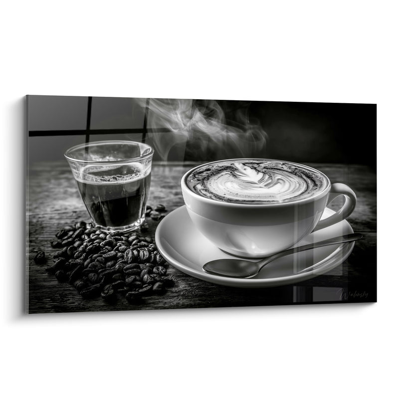 Tableau Tasse blanche et noire au verre d'eau - Grains éparpillés sur table - Edition Café