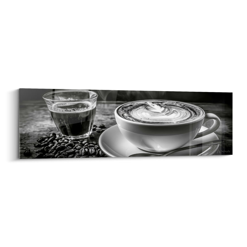 Tableau Tasse blanche et noire au verre d'espresso - Grains de café dispersés - Edition Café