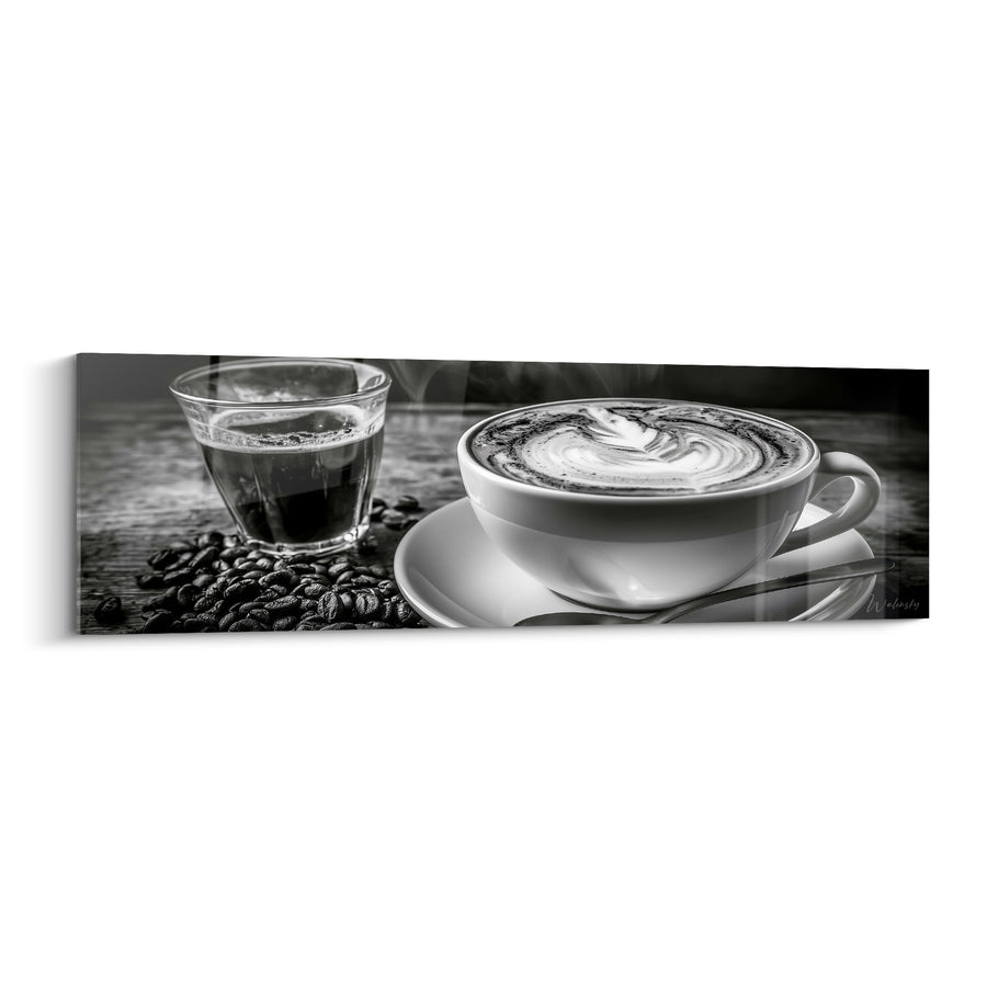 Tableau Tasse blanche et noire au verre d'espresso - Grains de café dispersés - Edition Café