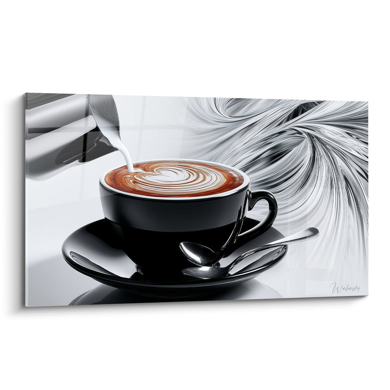 Tableau Tasse noire et argentée au pichet versant - Volutes grises tourbillonnantes - Edition Café