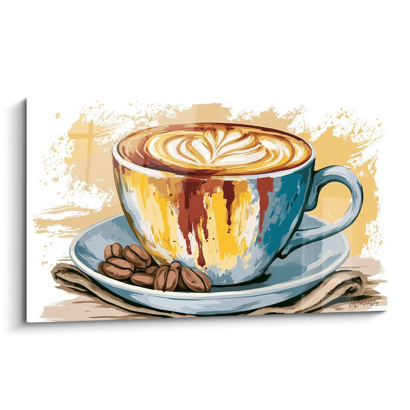 Tableau Tasse jaune et bleue aux coulures rouges - Serviette et grains torréfiés - Edition Café