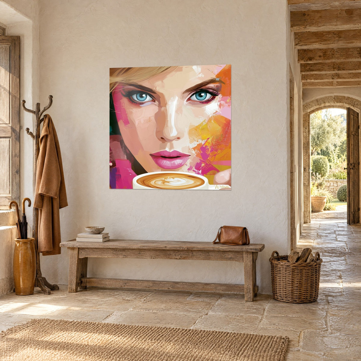 Wall art azure gaze and fuchsia lips, bright orange brushstrokes, coffee foam below, rough plaster wall of a stone country house