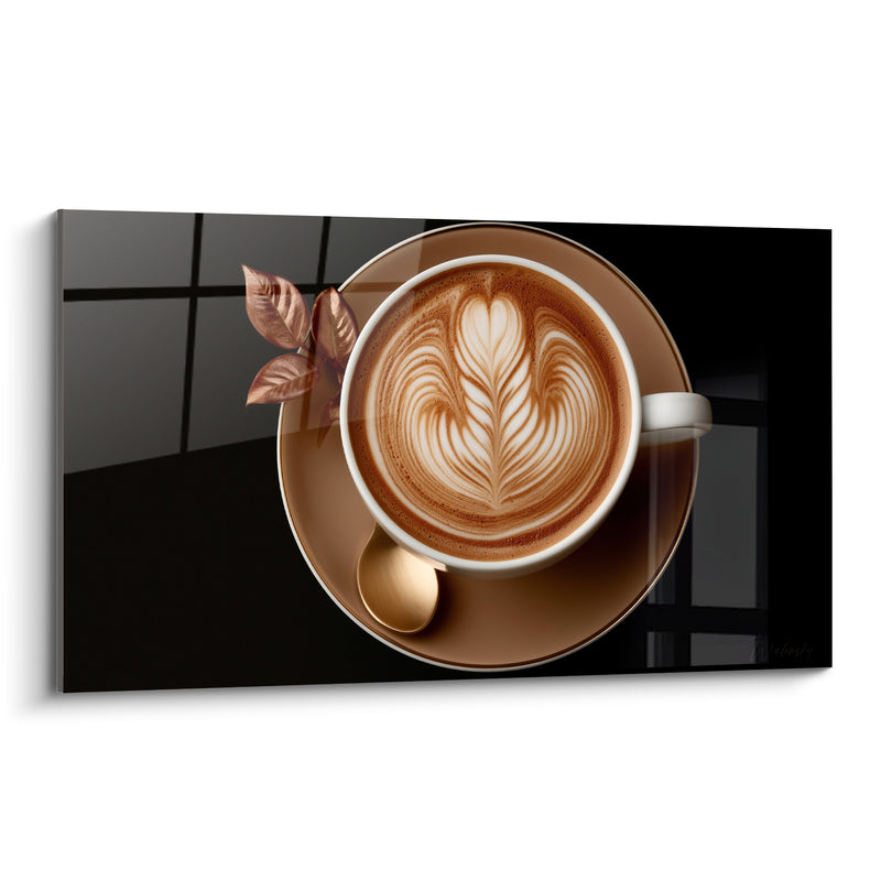 Tableau Tasse blanche et brune au latte art plumeux - Fenêtre quadrillée en reflet - Edition Café