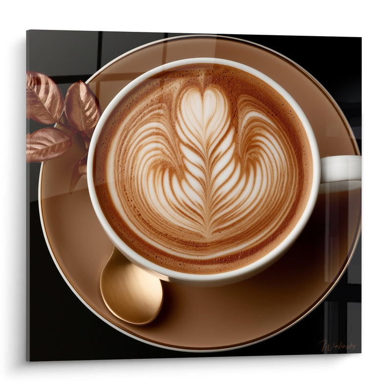 Tableau Tasse blanche et brune au latte art plume - Feuilles cuivrées et cuillère dorée - Edition Café