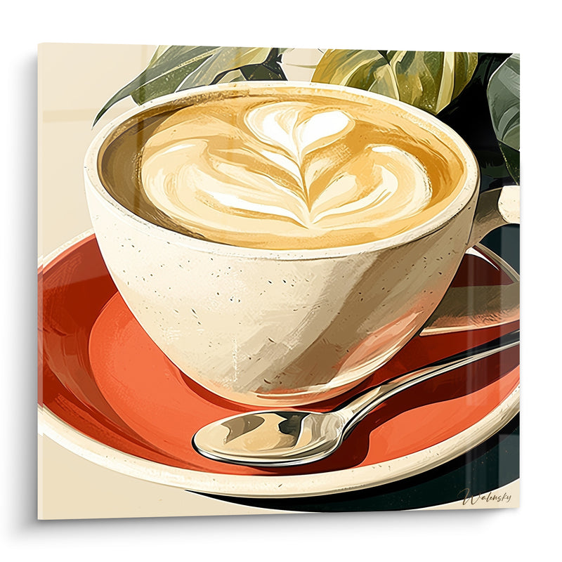 Tableau Cappuccino crème et corail à la rosette - Feuillage vert en arrière-plan - Edition Café