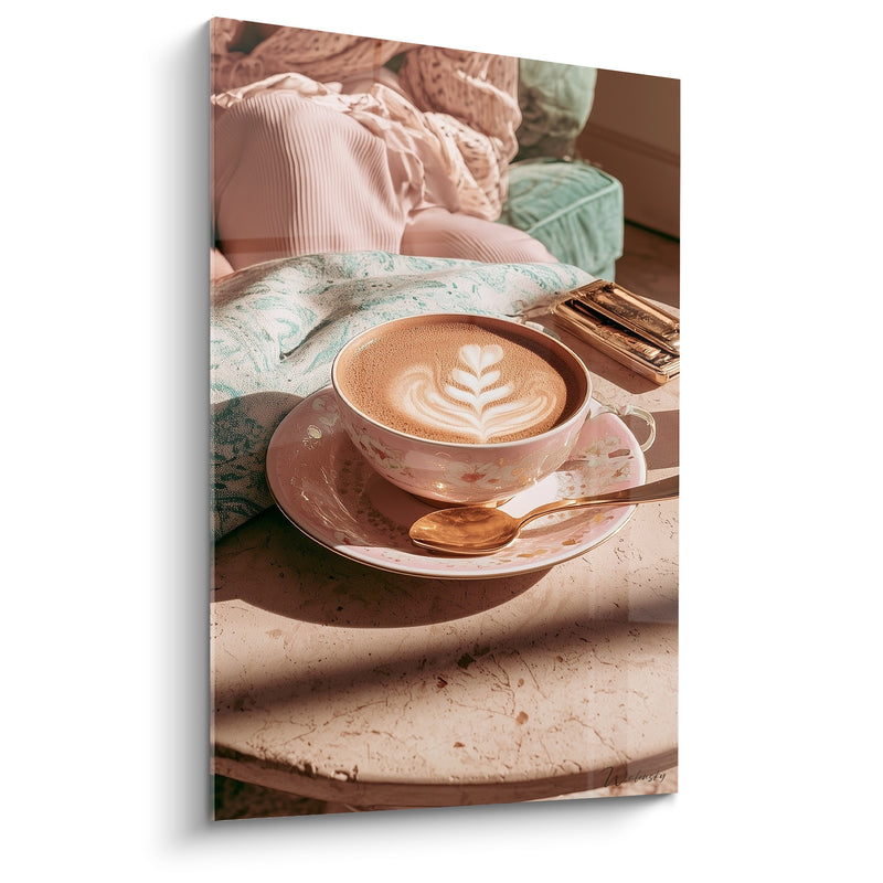 Tableau Tasse rose et dorée au latte art fougère - Étui doré et plaid vert - Edition Café