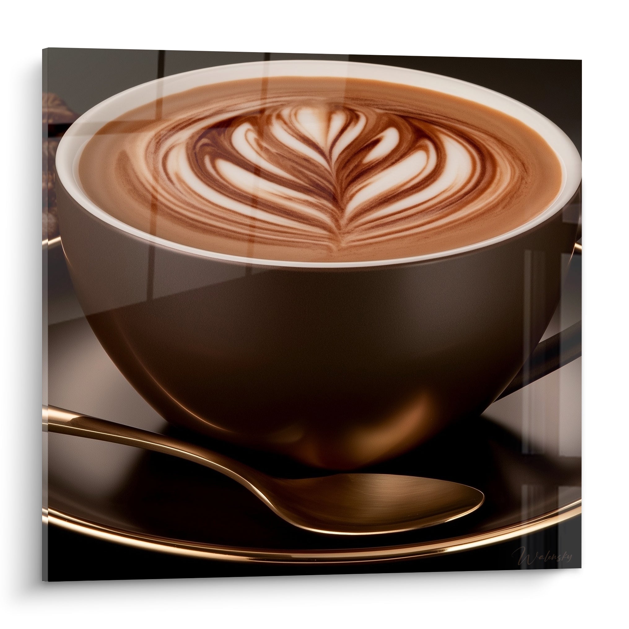 Cappuccino brun et crème avec rosette dorée sur cuillère métallique, arrière-plan sombre flou