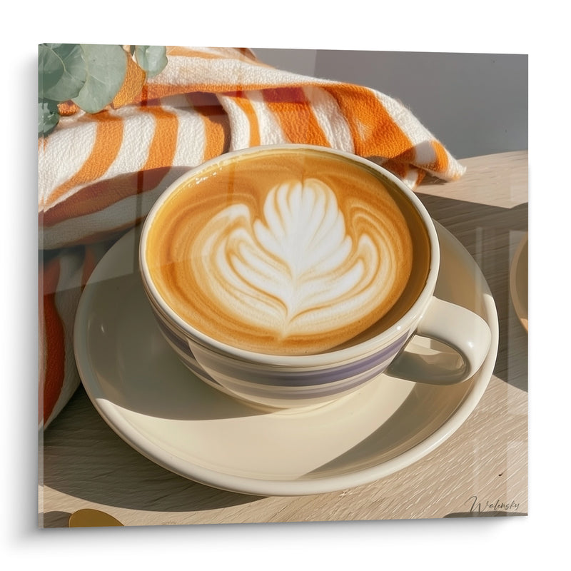 Tableau Tasse crème et blanche au latte art rosette - Serviette rayée orange - Edition Café