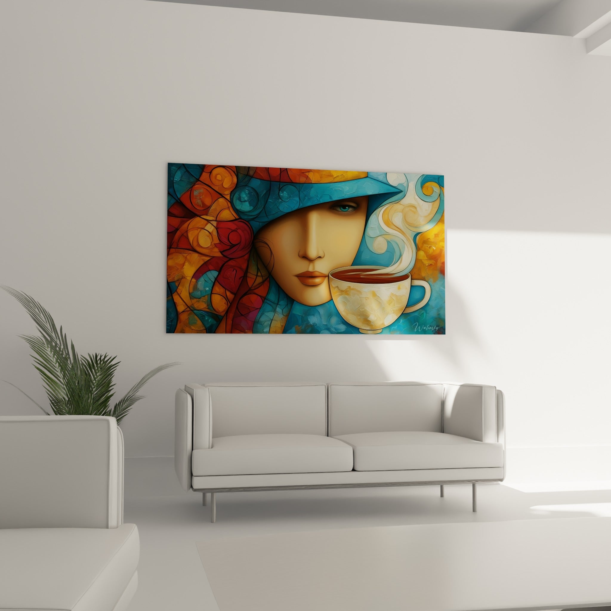 Femme au chapeau bleu marine et vapeur ocre au-dessus d'un canapé dans un salon lumineux