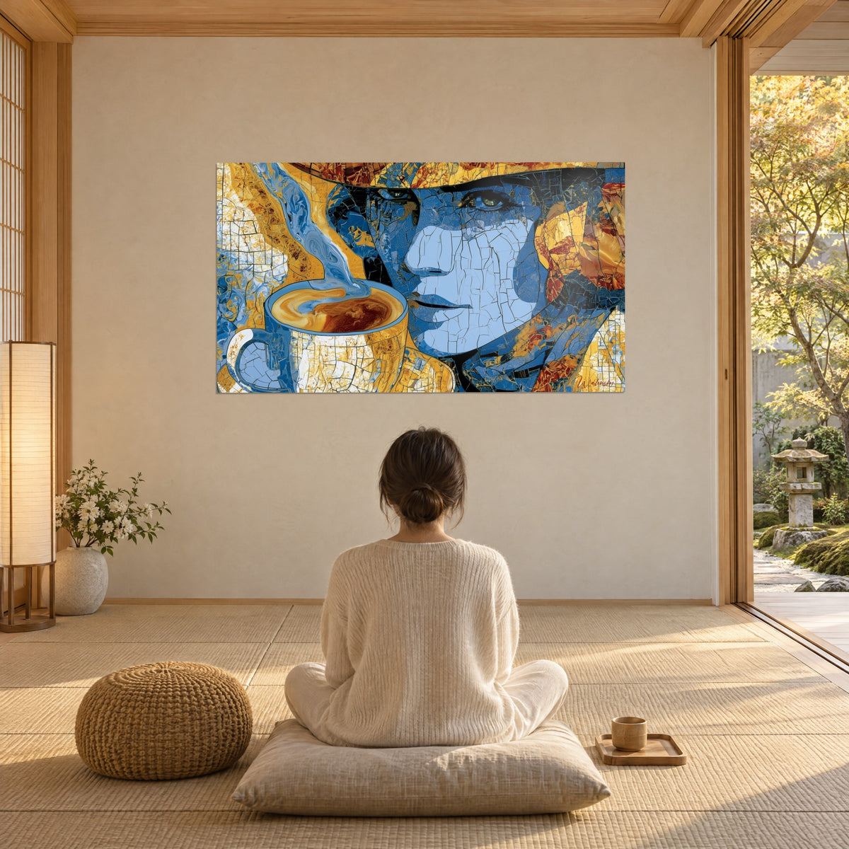Wall art female figure in cracked blue and yellow, orange hat and steaming cup, facing a woman seated cross-legged by the bay window