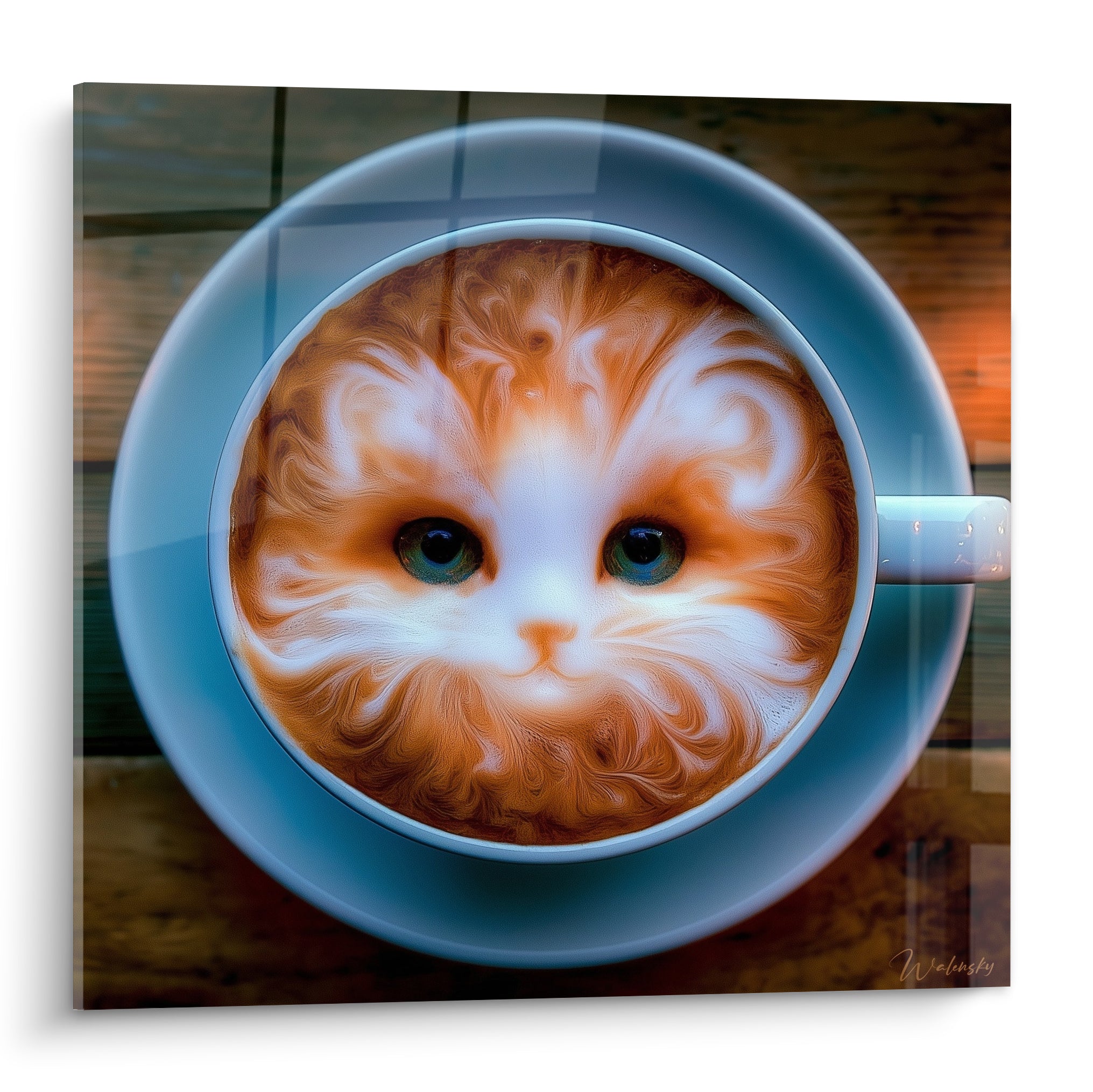 Visage de chat ambré et blanc dessiné dans la mousse d'une tasse bleu pastel
