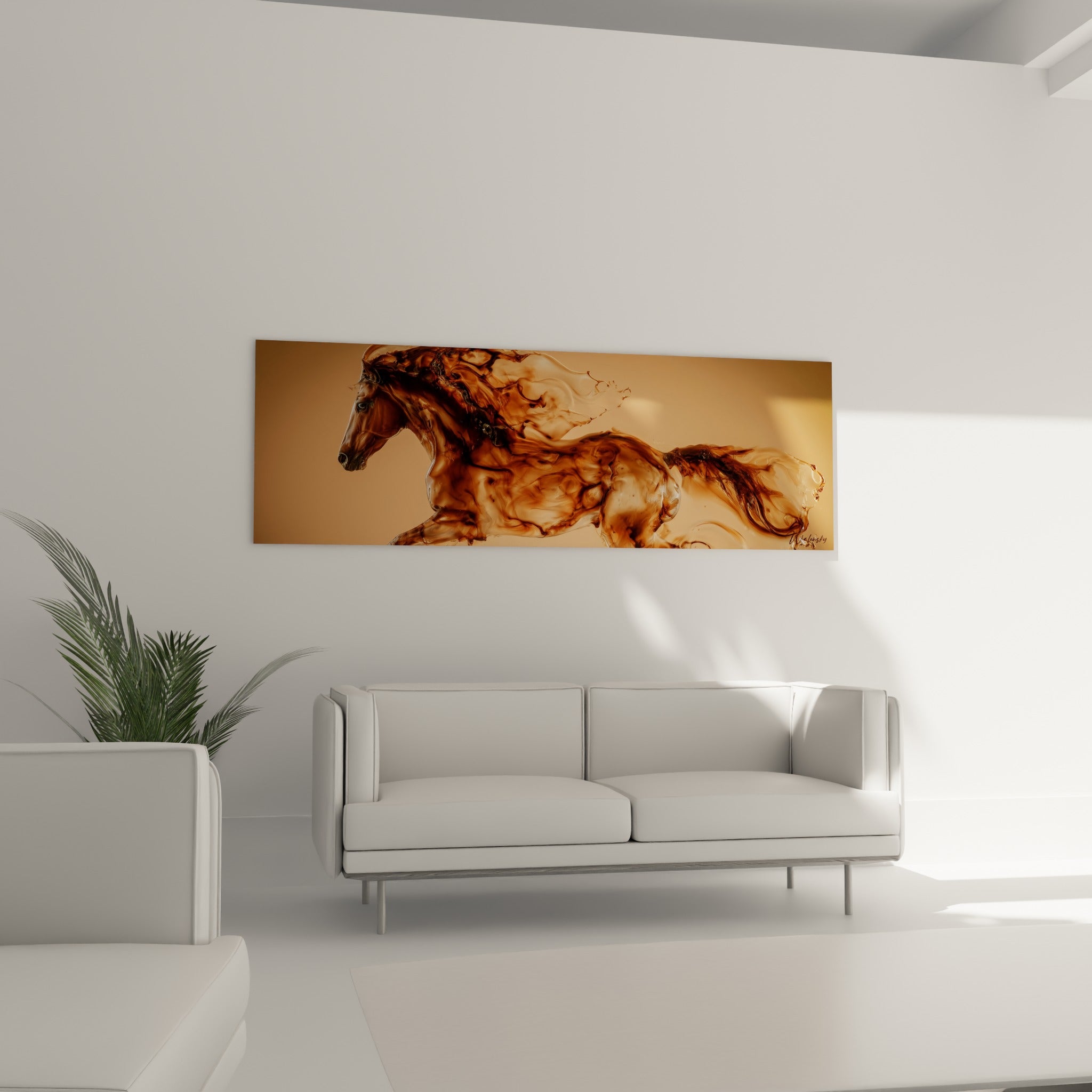 Course animale en teintes ambrées et beige sable, positionnée au-dessus d'un canapé dans un salon lumineux
