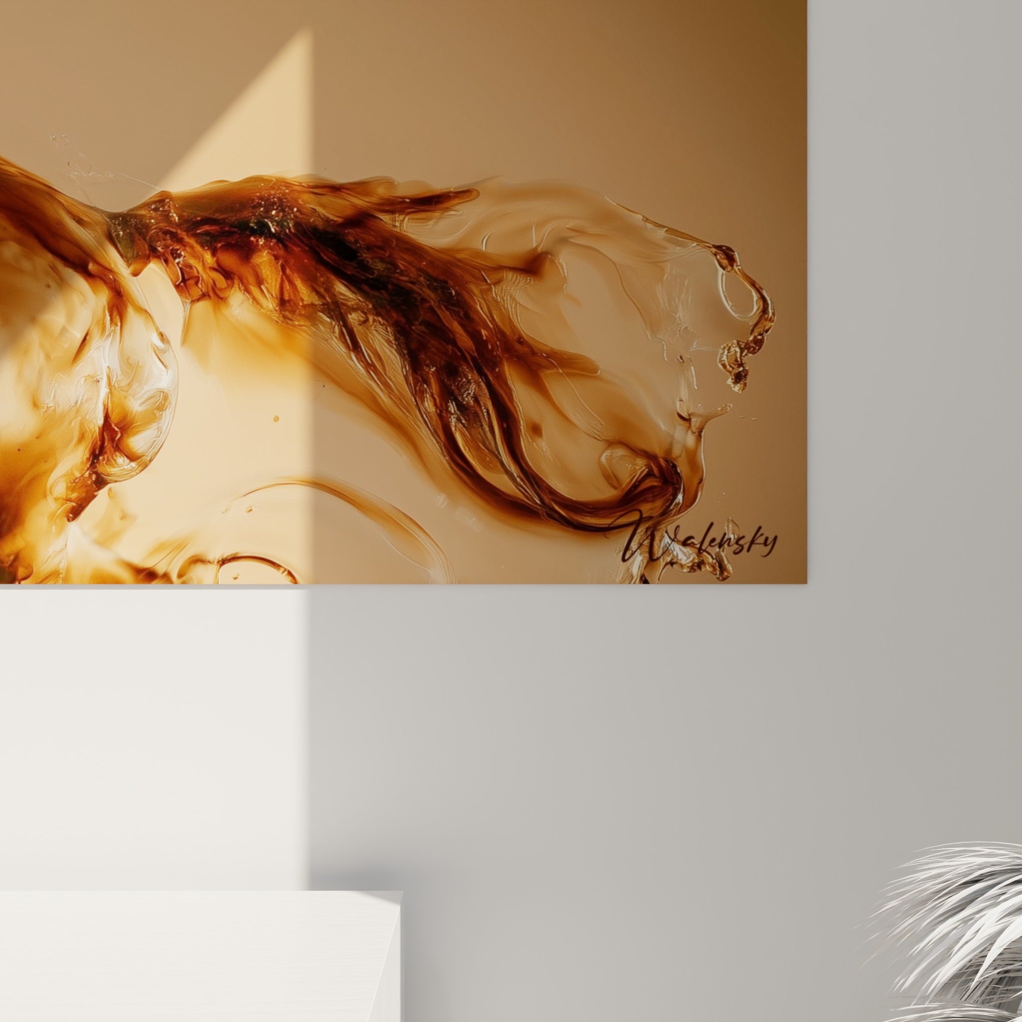 Détail des volutes brunes et dorées formant la crinière du cheval, matière liquide et texture fine à l'impression